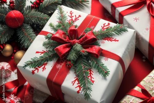 Beautifully Wrapped Christmas Gift Box with Red Ribbon and Festive Ornaments.