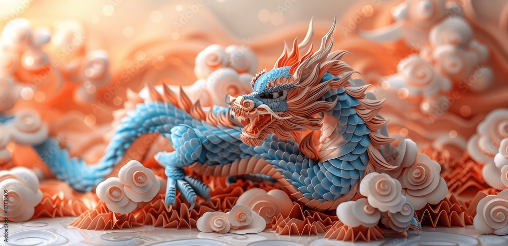 2024 Happy New Year Blue Dragon Zodiac Sign Paper-Cut Art 2024 Happy New Year Blue Dragon Zodiac Sign Paper-Cut Art
