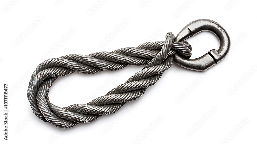 A heavy industrial giant metal rope sling wire secured on a lock loop hook, isolated on a white background A heavy industrial giant metal rope sling wire secured on a lock loop hook, isolated on a white background