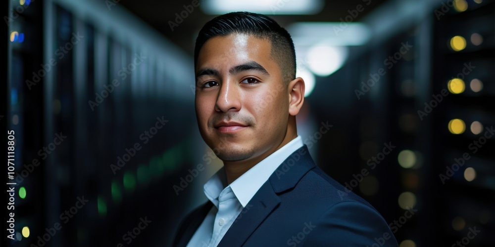 Fototapeta premium Confident Young Professional in a Data Center Setting