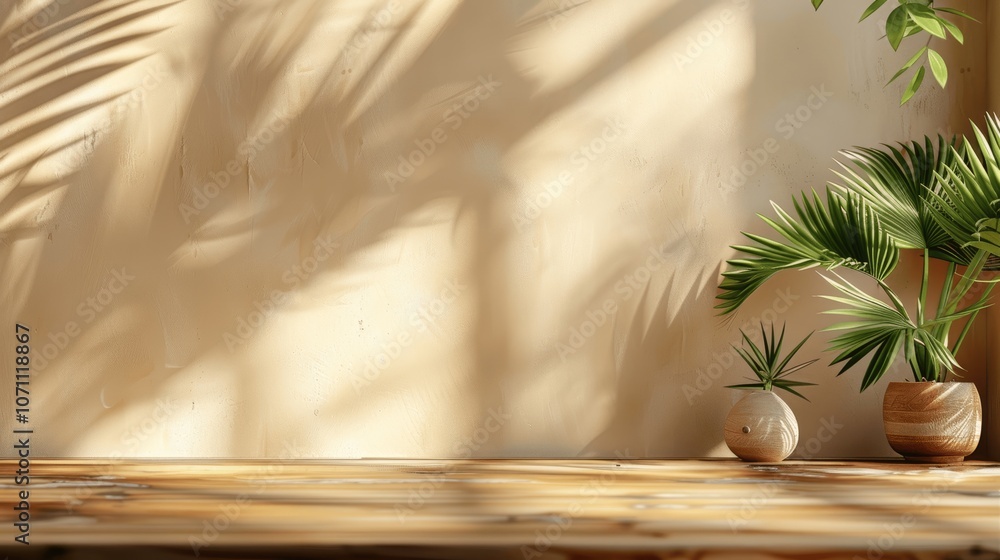 Minimalist Wooden Table with Palm Leaf Shadows on Beige Background for Product Display
