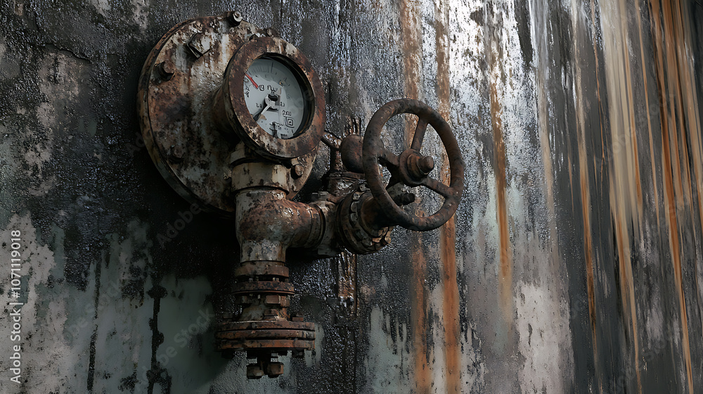 A photograph of an old, rusty gas control valve mounted on a wall, showcasing the wear and corrosion in an industrial setting A photograph of an old, rusty gas control valve mounted on a wall, showcasing the wear and corrosion in an industrial setting