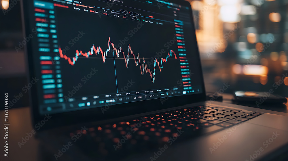 Bitcoins on a laptop with a stock market chart on background, earnings concept
