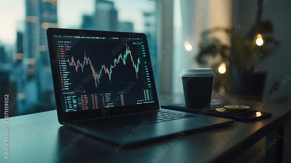 Bitcoins on a laptop with a stock market chart on background, earnings concept Bitcoins on a laptop with a stock market chart on background, earnings concept