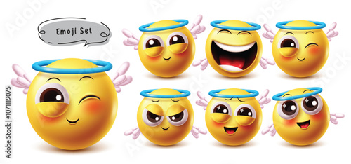 Angel 3d emoji vector characters set. Emojis friendly, kind, good emoticon character with facial expressions like cute, laughing, winking and happy smile. Vector illustration emoji angel collection 