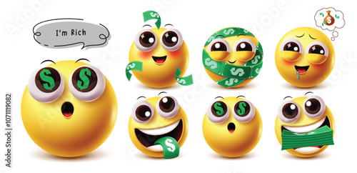 Rich emoji emoticon vector character set. Emojis wealthy, prosperous, lavish, overflowing, money obsessed facial expressions dollar design elements in white background. Vector illustration rich emoji 