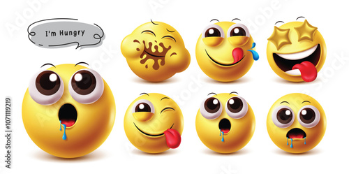 Hungry face emoji vector character set. Emojis hungry, drooling, yummy, craving, lick and starving in happy, naughty, sad, smile and winking facial expression in yellow emoticon character. Vector 
