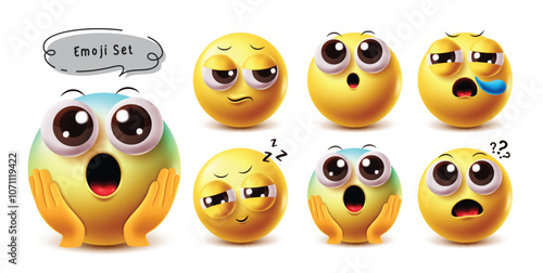 Shock emoji emoticon vector character set. Emojis 3d  yellow icon shock character with surprise, sad, sneezing, sleepy, shocked and thinking facial expressions isolated in white background. Vector 