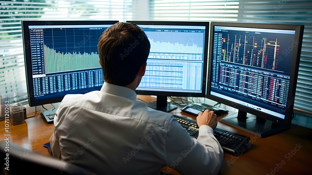 Business Analyst at Work: Show a business analyst reviewing financial statements with dual monitors, showcasing a professional environment focused on numbers and graphs. Generative AI Business Analyst at Work: Show a business analyst reviewing financial statements with dual monitors, showcasing a professional environment focused on numbers and graphs. Generative AI