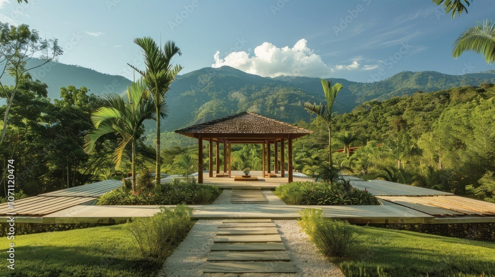 A tranquil yoga retreat, open pavilion with beautiful views of the surrounding mountains. A tranquil yoga retreat, open pavilion with beautiful views of the surrounding mountains.