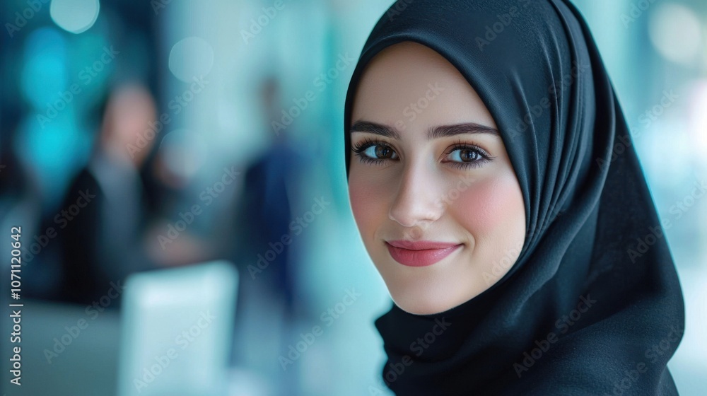 Woman in Hijab Working in Customer Service Environment Woman in Hijab Working in Customer Service Environment