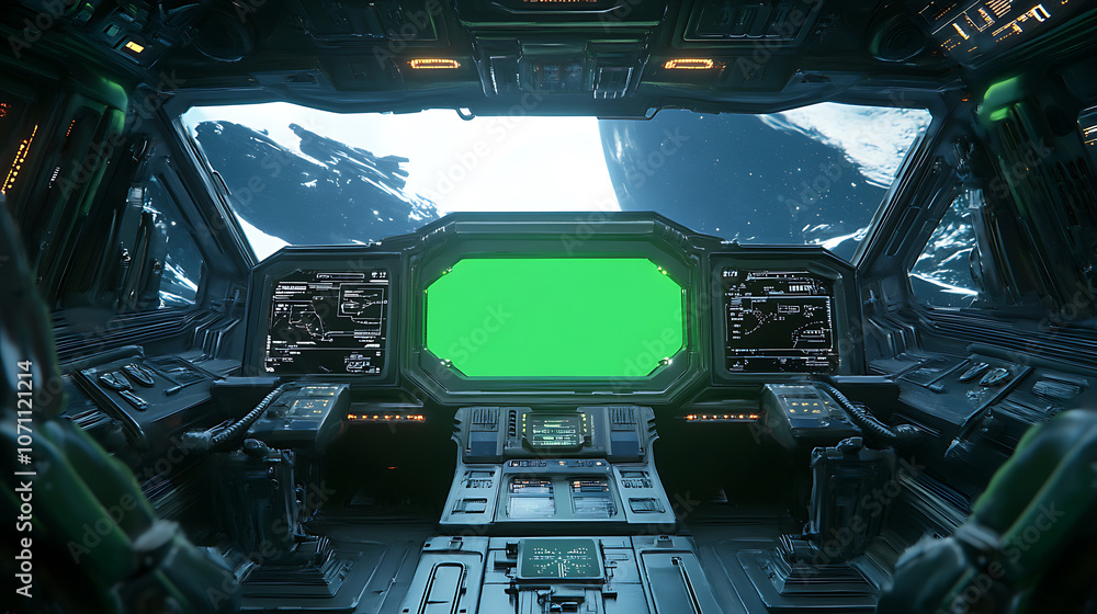 Fototapeta premium Cockpit view from spaceship with futuristic interface and green screen