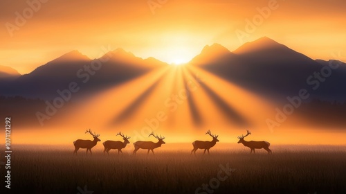 A herd of deer silhouetted against a glowing sunrise as they graze in a meadow, with the sun rays illuminating their antlers and creating a sense of serenity and natural beauty.