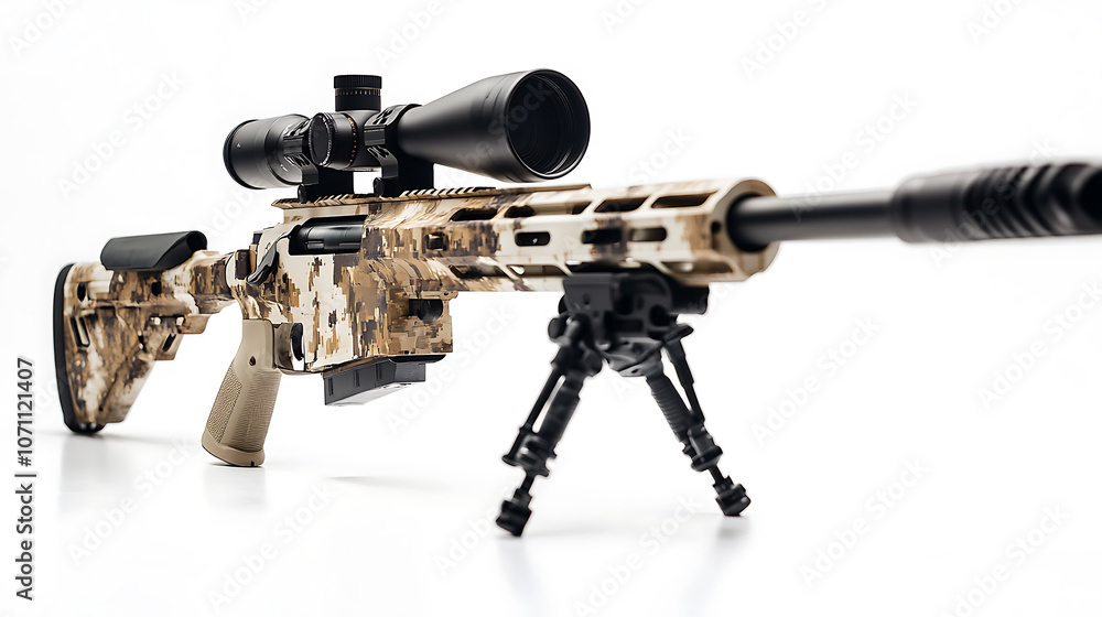 Desert Camouflage Sniper Rifle with a white background in a studio setting Desert Camouflage Sniper Rifle with a white background in a studio setting