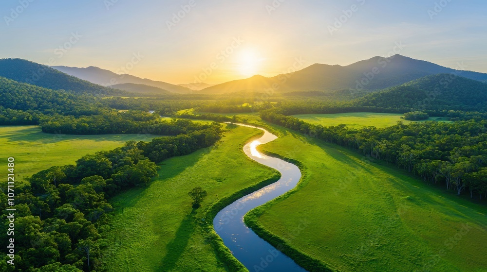 Aerial view of a winding river flowing through a lush valley as the sun rises, casting long shadows across the water and illuminating the surrounding trees and fields with a golden glow. Aerial view of a winding river flowing through a lush valley as the sun rises, casting long shadows across the water and illuminating the surrounding trees and fields with a golden glow.