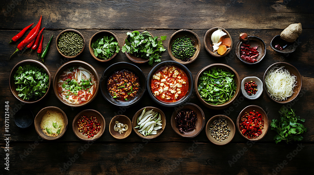 An overhead shot of a traditional Sichuan hot pot arranged on a rustic wooden table, showcasing the vibrant ingredients and rich culinary tradition An overhead shot of a traditional Sichuan hot pot arranged on a rustic wooden table, showcasing the vibrant ingredients and rich culinary tradition