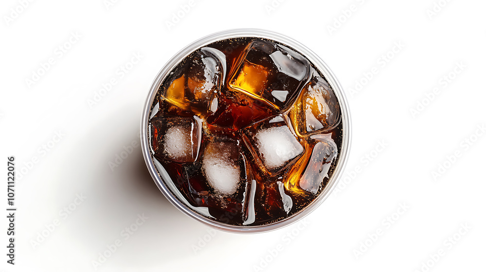 Flat lay, top view, Isolated on a white background, a plastic cup filled with cola and ice, utilizing a clipping path Flat lay, top view, Isolated on a white background, a plastic cup filled with cola and ice, utilizing a clipping path