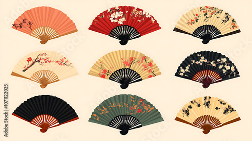 Fan paper by hand, Asian traditional folding hand fan, wooden Chinese traditional hand fans, Japanese souvenirs, vector illustration icons set, Chinese fan decorations, mementos of Asian culture