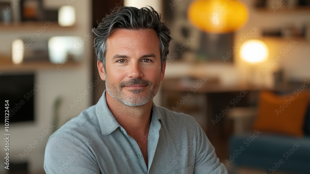 Obraz premium Confident Man in Modern Home Setting with Warm Lighting