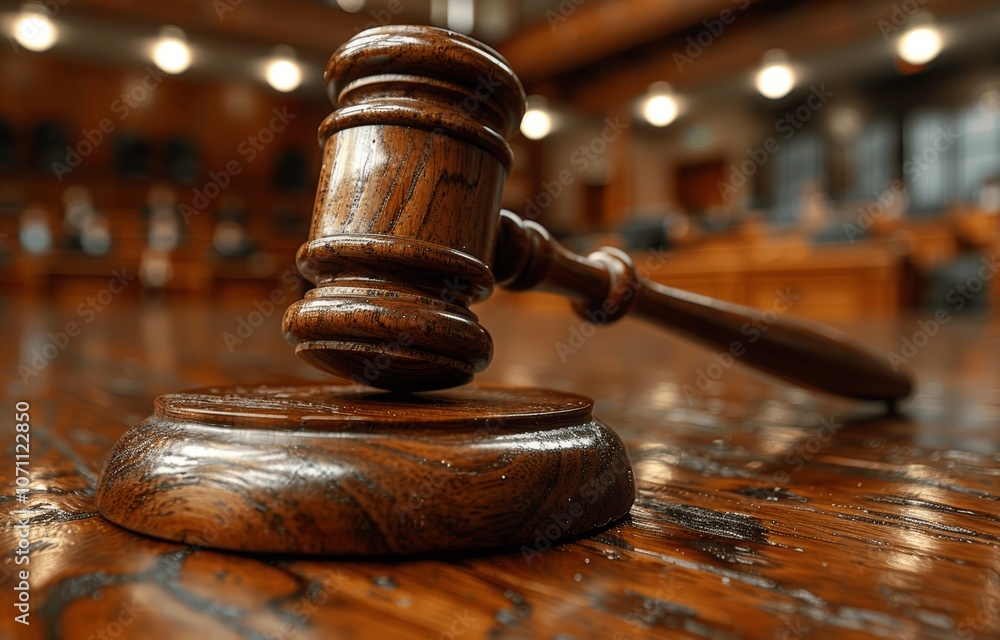 Judge's gavel on courtroom table during trial, law and justice system in action Judge's gavel on courtroom table during trial, law and justice system in action