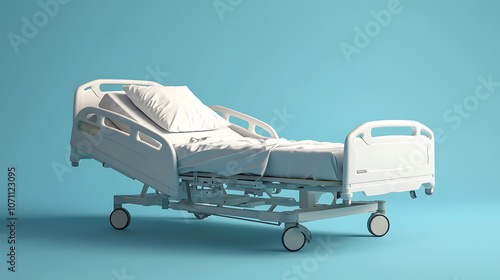 Isolated front view of a hospital bed against a blue backdrop, An insurance concept, 3d rendering