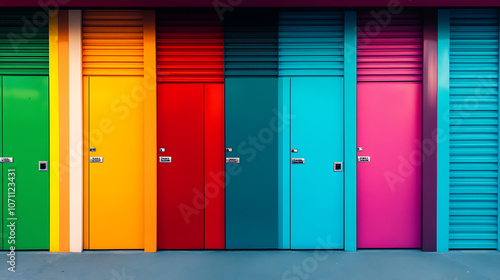 Colorful storage units representing climate controlled storage solutions, Facility with rental space