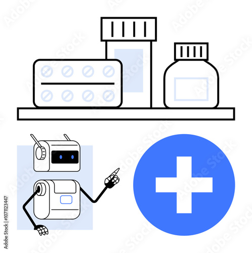 Robot gesturing toward medicine bottles and capsules on a shelf, blue medical cross symbol. Ideal for healthcare, medical technology, AI in medicine, pharmacy, automation, innovation, future of