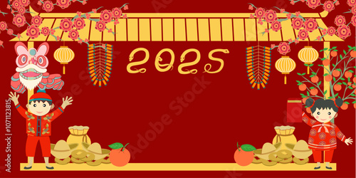 Happy New Year 2025 decor with shape Chinese boys and girls, firecrackers,  lanterns, dragon danceand ,orange tree,chinese money, plum blossom ,fish and entwined Snake shape 2025 on red background. 
