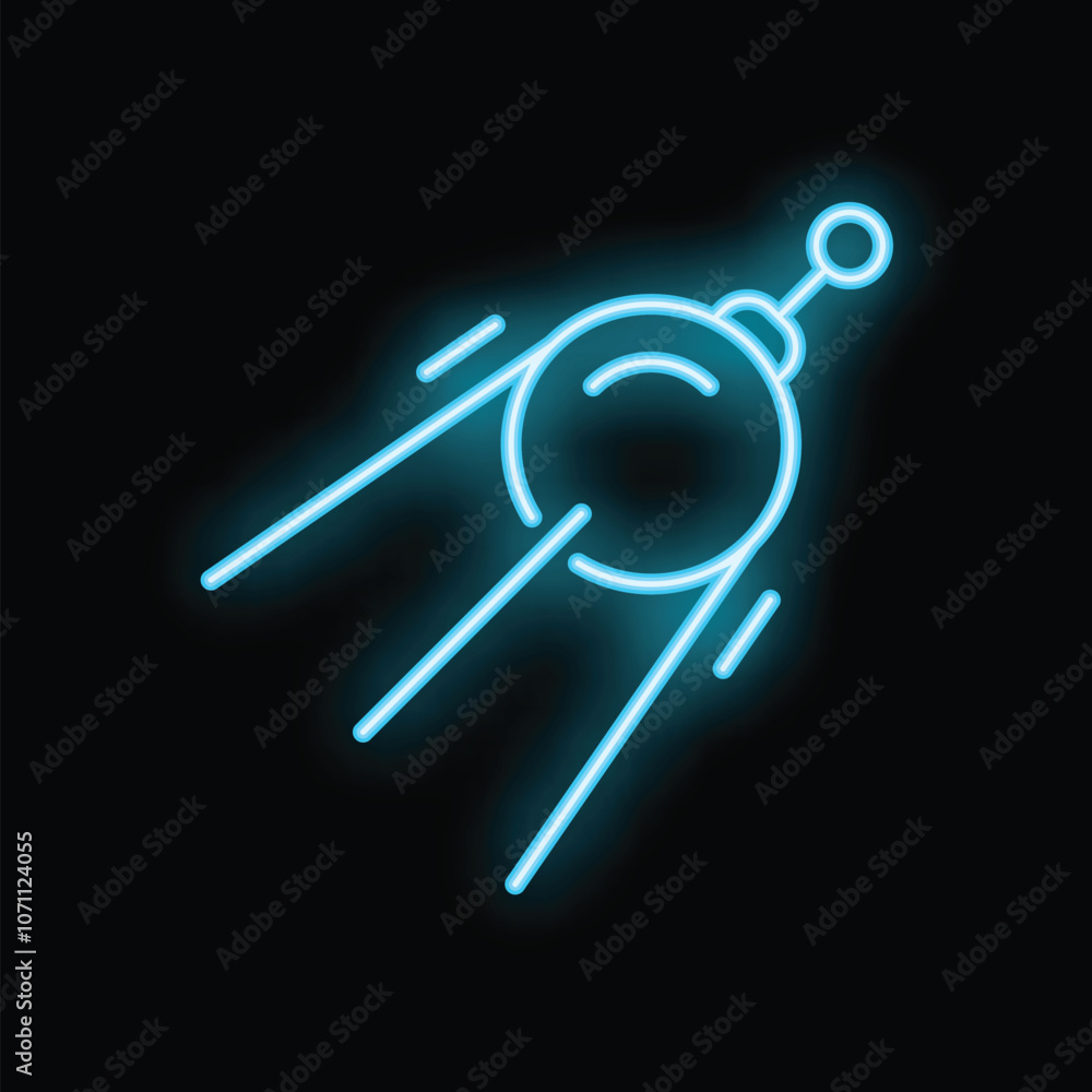 Blue neon satellite icon is orbiting earth, leaving glowing light trails in its wake