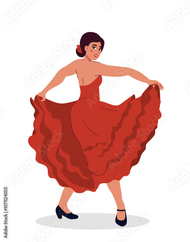 Woman dance in dress. Young girl dancing flamenco in red dress. Latin culture and traditions. Hobby and leisure. Social media sticker. Flat vector illustration