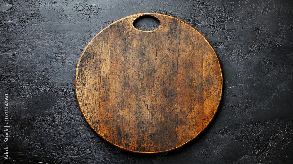 On black table, circular wooden tray or cutting board, Top view of barren kitchen with saw-cut imitation trendy rustic wooden tray, Background of food and menu items On black table, circular wooden tray or cutting board, Top view of barren kitchen with saw-cut imitation trendy rustic wooden tray, Background of food and menu items