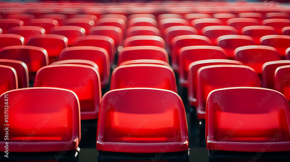 Obraz premium Several rows of red plastic grandstand seats in a daylight, open-air stadium