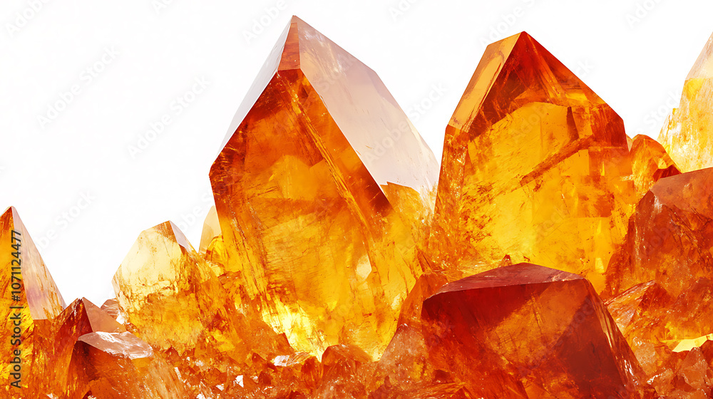 Extremely sharp and detailed close-up macro of an orange Citrine Quartz Crystal mineral stone cluster isolated on a white background, Natural raw translucent shiny yellow crystal specimen Extremely sharp and detailed close-up macro of an orange Citrine Quartz Crystal mineral stone cluster isolated on a white background, Natural raw translucent shiny yellow crystal specimen