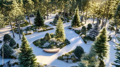 aerial view of diverse coniferous forest with towering deodar cedar spruce and scots pine trees landscape architecture plan 3d rendering photo