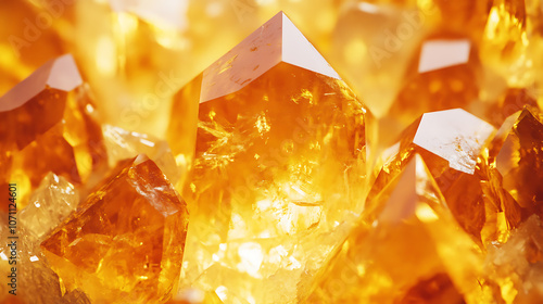 Extremely sharp and detailed close-up macro of an orange Citrine Quartz Crystal mineral stone cluster isolated on a white background, Natural raw translucent shiny yellow crystal specimen