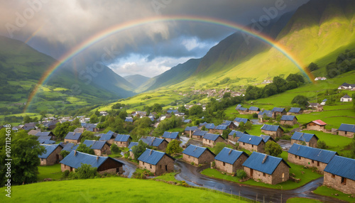 Quaint Autumn Village with Rainbow Over Colorful Trees and Rustic Farmhouses in Peaceful Countryside