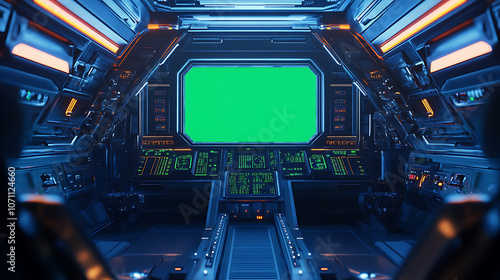 Fototapeta Naklejka Na Ścianę i Meble -  Spaceship cockpit view with futuristic control panels and green screen