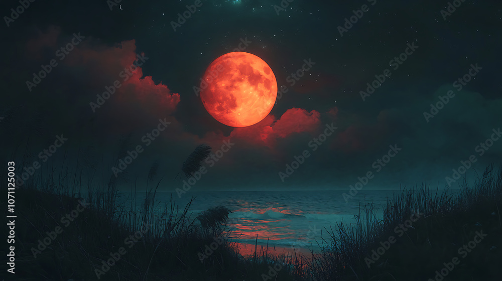 crimson lunar majesty dramatic full red moon illuminating night sky with ethereal glow in atmospheric digital photography