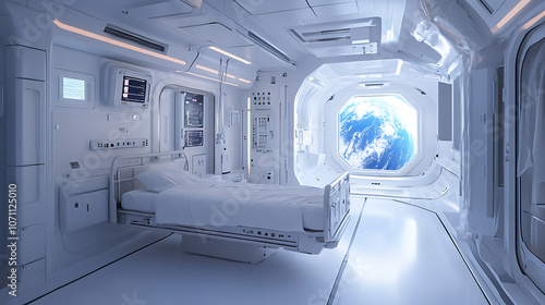 Fototapeta Naklejka Na Ścianę i Meble -  Futuristic hospital room in a space station with Earth view