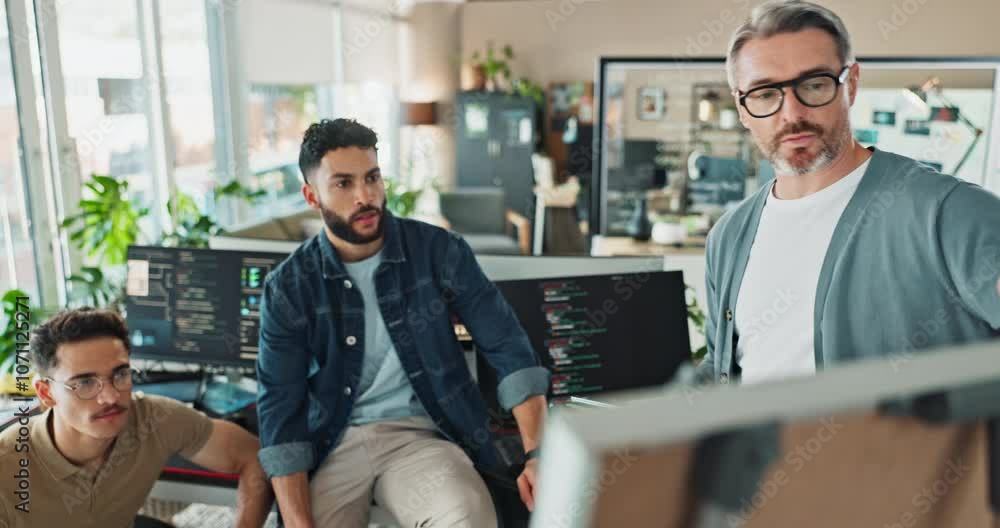 Office, men and brainstorming on board for coding project with teamwork and collaboration as software engineer. People, employees and training with learning for system update, programming or strategy