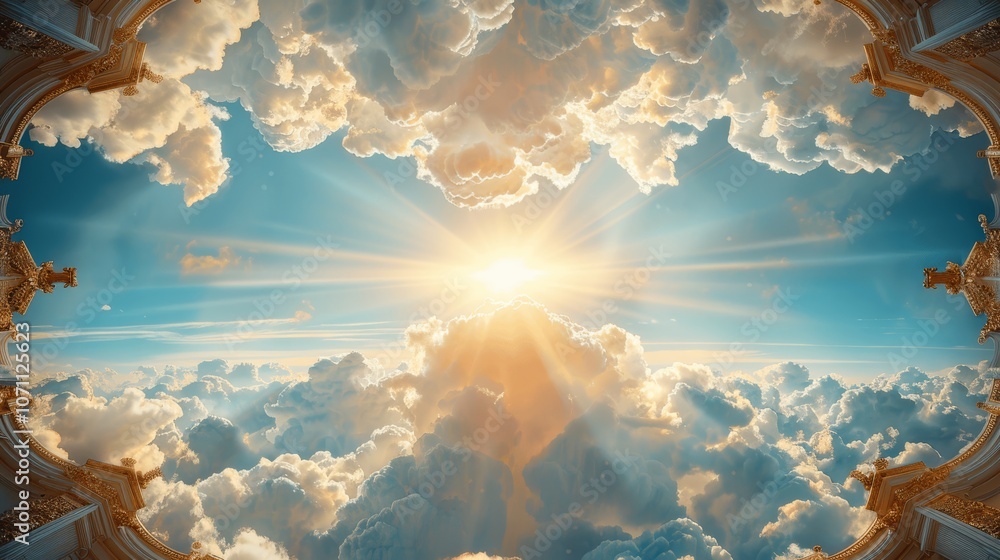 Elegant Baroque Sky Mural with Sunlight and Golden Ornaments Elegant Baroque Sky Mural with Sunlight and Golden Ornaments