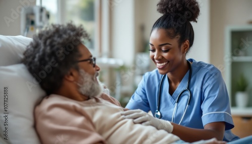 African American Female Nurse Providing Compassionate Care to Senior Patient in Hospital Room
