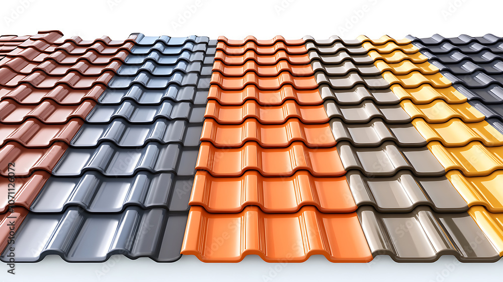 Fototapeta premium assortment of distinct roof coating kinds, Isolated on a white background are stacks of sheet metal profiles, ceramic tiles, and gypsum roof
