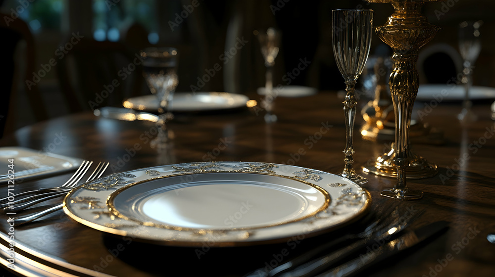 Elegant Dining Table: Capture an elegant place setting with a pristine white plate, polished knife, and fork, meticulously arranged for a fine dining experience. Generative AI Elegant Dining Table: Capture an elegant place setting with a pristine white plate, polished knife, and fork, meticulously arranged for a fine dining experience. Generative AI