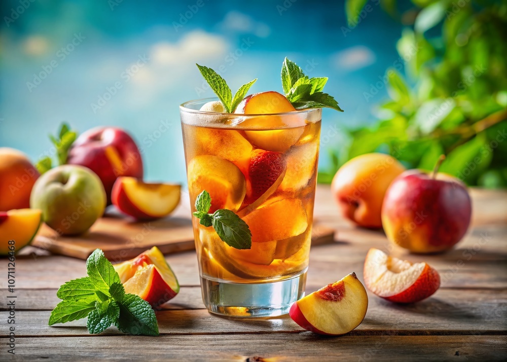 Refreshing Peach Iced Tea Served in a Glass with Fresh Peach Slices and Mint Leaves, Perfect for Summer Gatherings and Outdoor Enjoyment Refreshing Peach Iced Tea Served in a Glass with Fresh Peach Slices and Mint Leaves, Perfect for Summer Gatherings and Outdoor Enjoyment