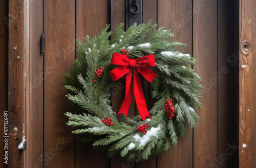 A minimalist Christmas wreath made of fresh evergreen branches, small red berries, and a single red bow. The wreath hangs on a rustic wooden door, surrounded by a light dusting of snow. The natural, s