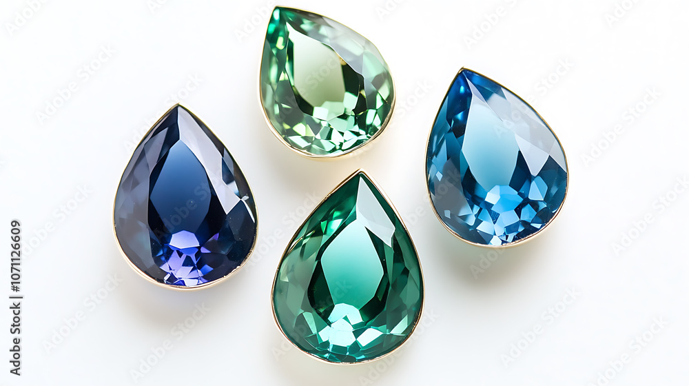 Pear-shaped teal, green, and blue sapphires on a white background Pear-shaped teal, green, and blue sapphires on a white background