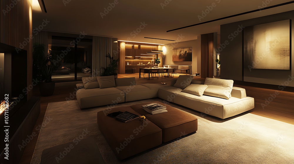 Fototapeta premium luxurious modern living room with earthy tones and soft lighting 3d interior rendering