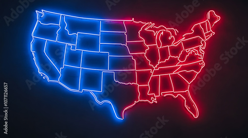 Political Divide: A neon map of the United States illustrating bipartisanship, The contrasting red and blue neon outlines of the United States map symbolize the political photo