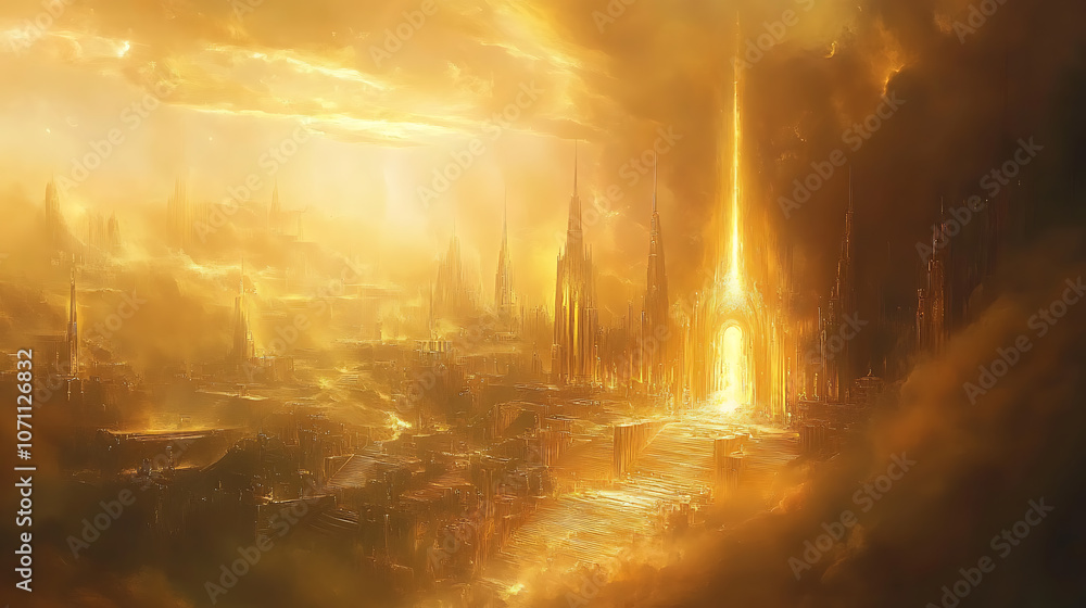 Fototapeta premium majestic new jerusalem descending from heavens pearly gates streets of gold divine light